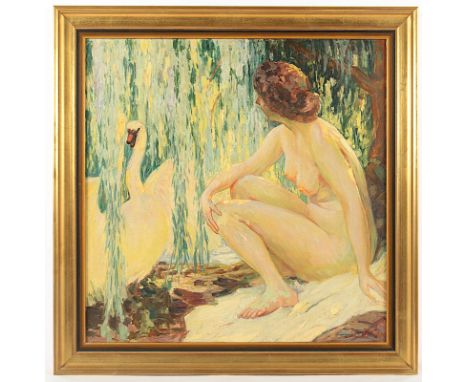 MALER DES 20.JH., "Leda mit dem Schwan", Öl/Malplatte, 62 x 62, R. 