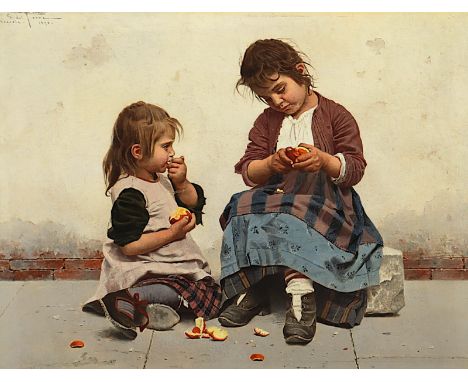 DEL TORRE, Giulio (1856-1932), "Zwei Mädchen mit Apfelsinen", Öl/Holz, 18 x 24, oben links signiert und "Venezia 1898" datier