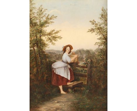 MELLAR, J. (Maler des 19.Jh.), "Junge Wasserträgerin vor einer Landschaft", Öl/Lwd., 39 x 27, doubliert, unten links signiert