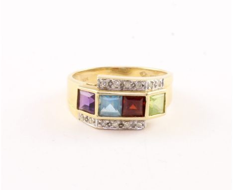 FARBEDELSTEIN-RING, 585/ooo Gelbgold, besetzt mit farbigen Edelsteinen, Peridot, Amethyst, Citrin, u.a., RG 52, 3,3g 
