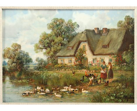 KAPLAN, Hubert (*1940), "Hühnerfütterung", Öl/Lwd., 13 x 18, auf Holz aufgezogen, unten rechts signiert, R. 
