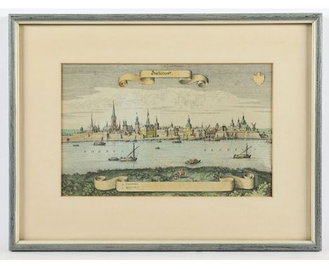 RHEINANSICHT BEI DÜSSELDORF, kolorierter Kupferstich, 17 x 26, M.MERIAN, um 1640, R. 