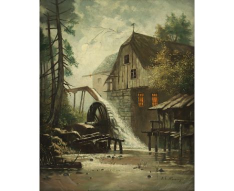 HENNINGS, Johann Friedrich (1838-1899), "Mondnacht an einer Wassermühle", Öl/Lwd., 37,5 x31, besch., unten rechts signiert, R