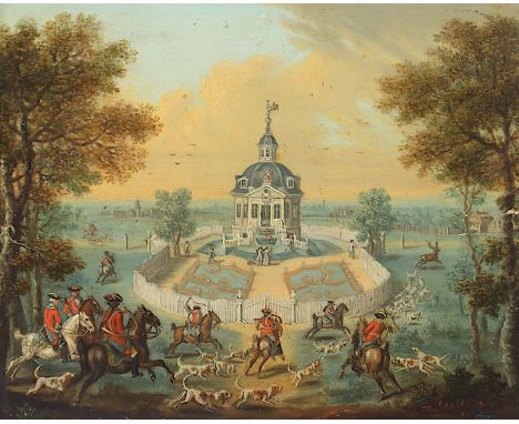 EGER, Georg Adams (1727-1808), zugeschrieben, "Parforcejagd an der Dianaburg in Kranichstein", Öl/Holz, 17 x 22, min.besch., 