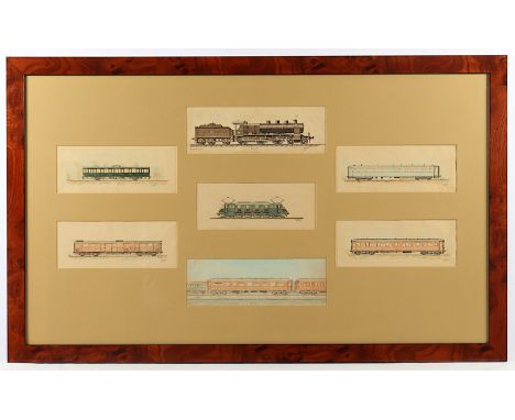 BASTIDE, R. (Frankreich um 1900), "Sieben Eisenbahnwaggons", Mischtechnik/Papier, bis ca. 10 x 30, min.besch., meist signiert