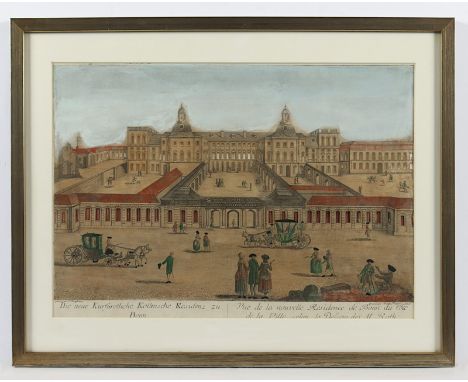 DIE NEUE KURFÜRSTLICHE KÖLLNISCHE RESIDENZ ZU BONN, Guckkastenblatt, Kupferstich, koloriert, 25,5 x 38,5, Balt. Fr. Leizelt, 