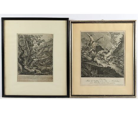 RIDINGER, Johann Elias, zwei Jagdmotive, Radierungen, ca. 29 x 26., 18.Jh., R. 