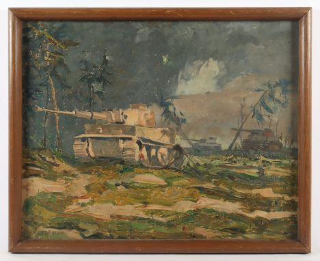 LEBRECHT, Georg (1875-1945), "Panzer im Feld", Öl/Holz, 49 x 62, unten links signiert, R. 