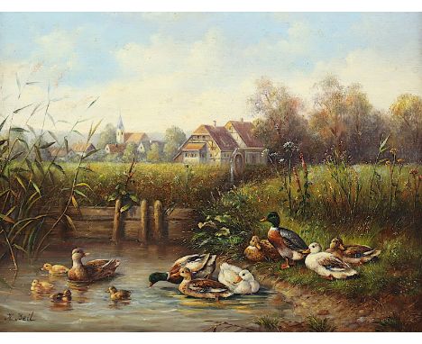 BEIL, Karin (geb. 1946), "Entenvolk am Weiher", Öl/Lwd., 15 x 20, auf Holz aufgezogen, unten rechts signiert, R. 
