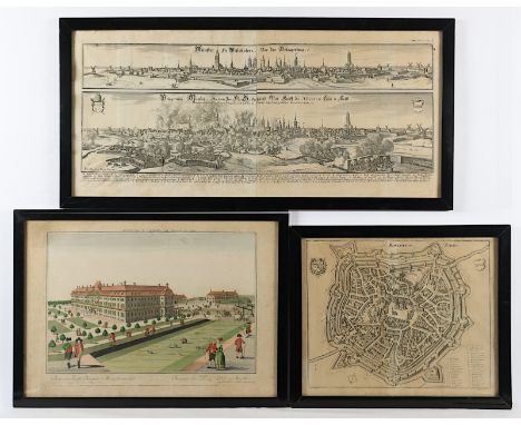 MÜNSTER IN WESTFALEN, drei Kupferstiche, bis 26 x 70, M.Merian und ein Guckkastenblatt von Probst, 17./18.Jh., teils besch., 