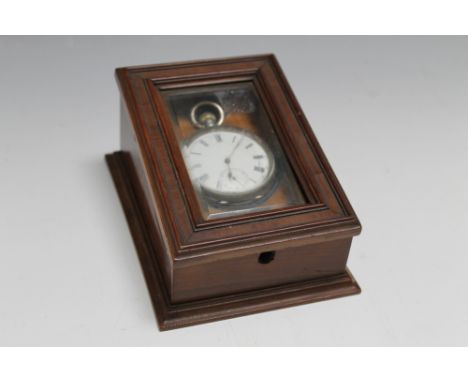 A SILVER OPEN FACED MANUAL WIND POCKET WATCH IN MINIATURE FITTED WOODEN DISPLAY CASE, D 13 cm