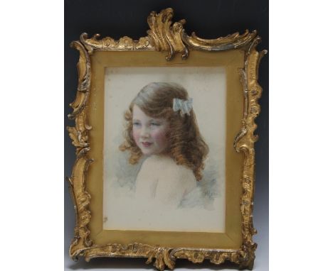 E. M. ROSS (XX).  Portrait study of a young girl with a bow in her hair, signed lower right, watercolour, framed and glazed, 