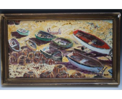D M F (XX-XXI). Study of fishing boats, monogrammed lower right, oil on board, framed, 24 x 41 cm