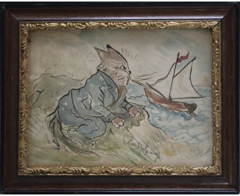 CIRCLE OF LOUIS WAIN (1860 - 1939).  Comical coastal scene with cat watching sailing boat, bears signature lower middle, wate