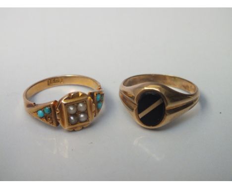 A 15CT GOLD TURQUOISE AND SEED PEARL RING, S/D, together with a gold and polished black onyx set ring stamped 8K (2)