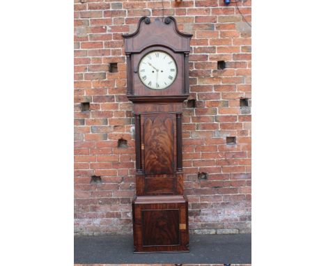 A MID 19TH CENTURY LARGE MAHOGANY LONGCASE CLOCK WITH EIGHT DAY MOVEMENT, the painted circular dial with Roman numerals, with