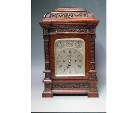 AN EDWARDIAN MAHOGANY CASED MUSICAL BELL AND GONG STRIKE TRIPLE FUSEE BRACKET CLOCK BY VINE AND THOMPSON, ALDERGATE ST., circ