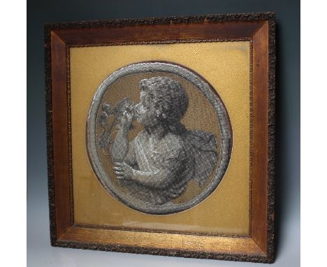 A VINTAGE CIRCULAR BEAD WORK PANEL DEPICTING A CHERUBIC FIGURE, framed and glazed, 37 X 37 cm