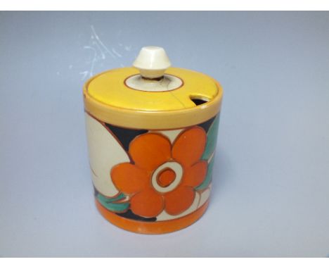 A CLARICE CLIFF FOR LAWLEYS OF REGENT STREET 'FANTASQUE' LIDDED PRESERVE JAR A/F, handpainted decoration, printed marks to ba
