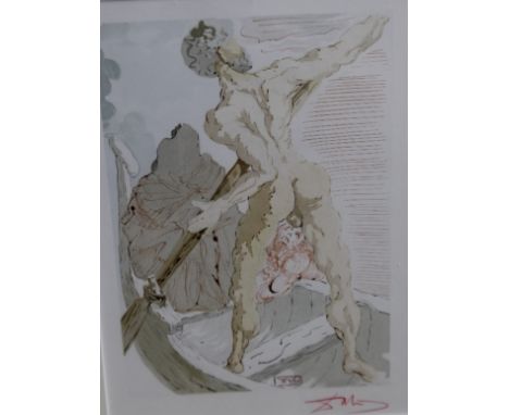 SALVADOR DALI (1904 - 1989).  Nude male rowing a boat, signed lower right, lithograph, framed and glazed, 29 x 20 cm