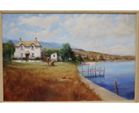 JACK R. MOULD. Estuary scene with cottages, see verso, signed lower left, oil on canvas, framed, 49 x 75 cm, together with JA