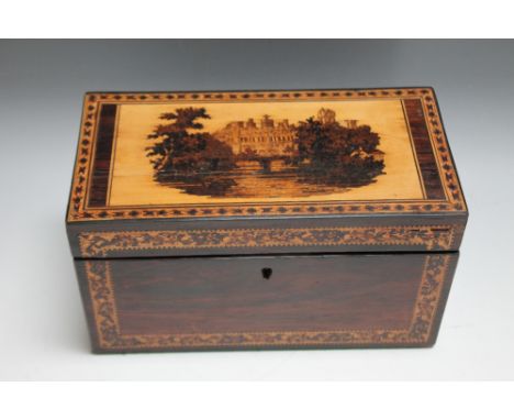 A VICTORIAN TUNBRIDGEWARE TEA CADDY, decorated with a castle amongst the trees, W 20.5 cm 