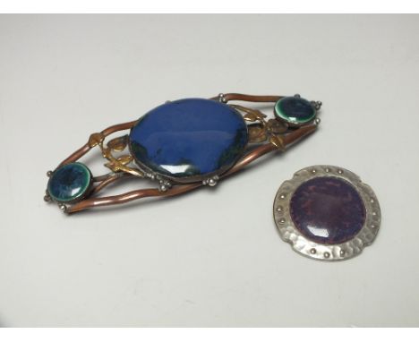 A LARGE ART NOUVEAU RUSKIN STYLE CERAMIC AND COPPER BUCKLE, the central oval panel flanked by two smaller roundels, H 13.2 cm