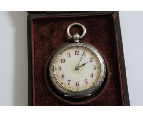 A SILVER FOB WATCH IN FITTED CASE, having white enamel dial, red Arabic numeral hour markers and gold detailing and outer min