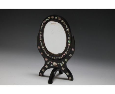 A BEVEL EDGE MOTHER OF PEARL INLAY PADOUR MIRROR, H 28.5 cm