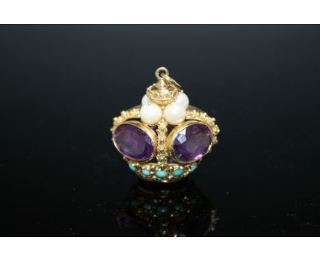 AN UNUSUAL LARGE AMETHYST PEARL AND TURQUOISE FOB, having five oval amethysts measuring approx 15 mm by 11 mm with four being