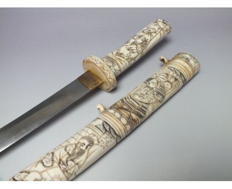 A JAPANESE SHORT SWORD WITH CARVED BONE HANDLE AND SCABBARD, the brass mounted steel blade having carved handle and scabbard 