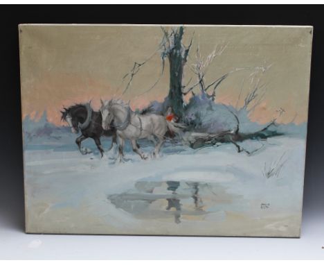 ANGUS SCOTT.  Modern British School, winter landscape with pair of work horses pulling a tree trunk, signed lower right, oil 