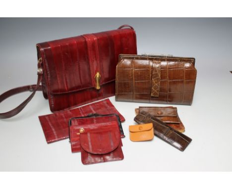 A COLLECTION OF VINTAGE LEATHER HANDBAGS ETC., various styles and periods to include an eel skin handbag with matching access