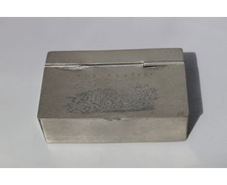 AN EARLY PEWTER FOX HUNTING TABLE SNUFF BOX, stamped COMPTON LONDON to base, W 12.75 cm