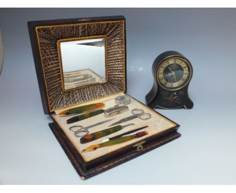 A CASED VINTAGE MANICURE SET, together with a Jaeger Petite Neuchteloise dressing table clock with Swiss movement, H 12.5 cm 