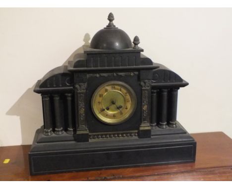A LARGE VICTORIAN SLATE MAUSOLEUM MANTEL CLOCK, the case of architectural outline, H 47 cm, W 51 cm, S/DCondition Report:One 