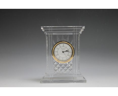 A WATERFORD CRYSTAL CASED MANTEL CLOCK, the quartz movement having white dial with Roman numerals, H 18 cm