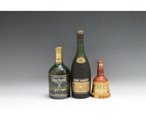 3 BOTTLES CONSISTING OF 1 BOTTLE OF GLEN SCOTIA 8 YEAR OLD WHISKY,  together with 1 bottle of Remy Martin cognac and 1 small 