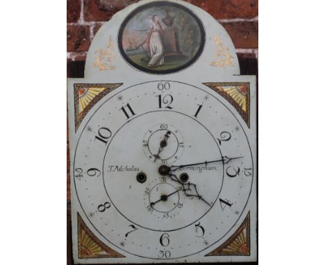 A 19TH CENTURY CARVED OAK LONGCASE CLOCK WITH EIGHT DAY MOVEMENT, the painted arched dial with subsidiary dials for seconds a