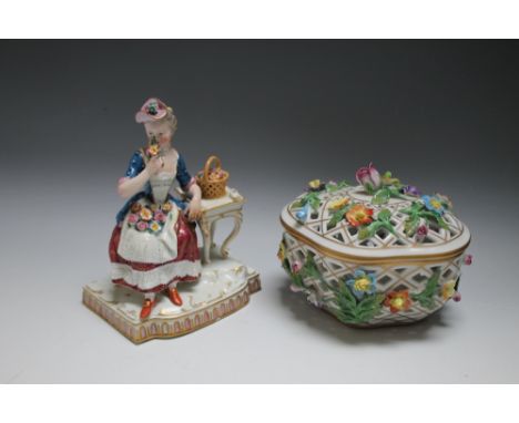 A CONTINENTAL MEISSEN TYPE FIGURE OF A LADY SMELLING A BOUQUET OF FLOWERS, together with a Dresden pierced floral pot pourri 