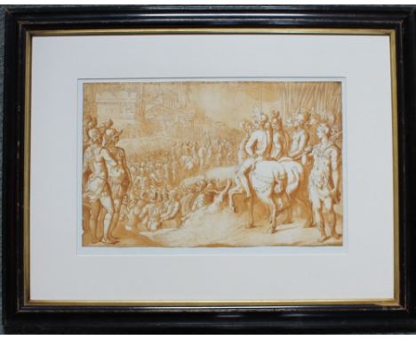 OLD MASTER CHIAROSCURO PRINT ON PAPER, military scene, framed and glazed, 26 x 41 cm