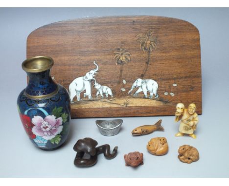 COLLECTORS LOT - A SELECTION OF ORIENTAL NETSUKE, to include a signed ivory netsuke in the form of a gentleman holding a skul