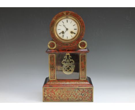 A LATE 19TH CENTURY BOULLE WORK DRUM HEAD CLOCK, the case having brass boulle work and red tortoiseshell inlay to the front p