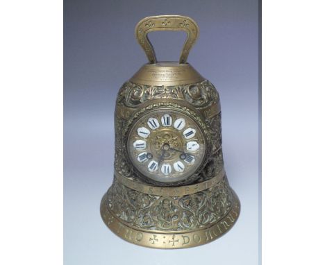 MILITARY INTEREST - A VICTORIAN CAST BRASS BELL CLOCK TROPHY, the circular glazed dial with enamel Roman numeral inset panels