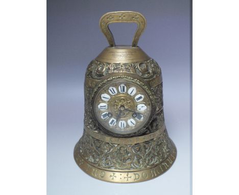 MILITARY INTEREST - A VICTORIAN CAST BRASS BELL CLOCK TROPHY, the circular glazed dial with enamel Roman numeral inset panels