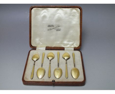 A CASED SET OF SILVER GUILLOCHE ENAMEL COFFEE SPOONS - BIRMINGHAM 1935Condition Report:A couple of chips to the backs of the 