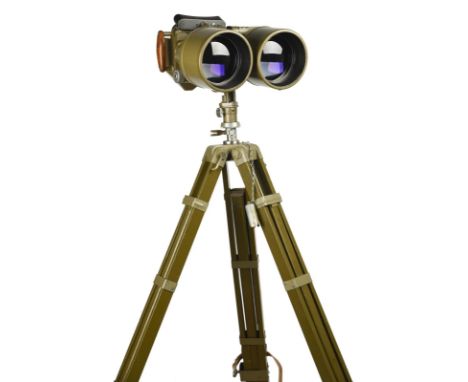 A pair of Russian PNB-2 100 mm military observation binoculars, olive green finish, in plywood transit case and with wooden t
