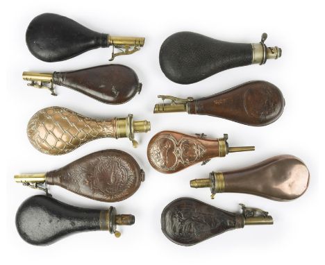A collection of sporting powder flasks (5) and shot flasks (5), including: a copper powder flask embossed with a net design, 
