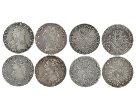 France - Kingdom: four silver ecus: Louis XV, 1730, mm cow, issued for Priovince of Bearn (KM 487), near fine; 1761 L (KM 512