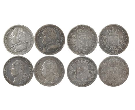 France - First Restoration: Louis XVIII, silver five francs (2), 1814 L, 1815 I (KM 702.8, 702.6), very fine and fine; togeth
